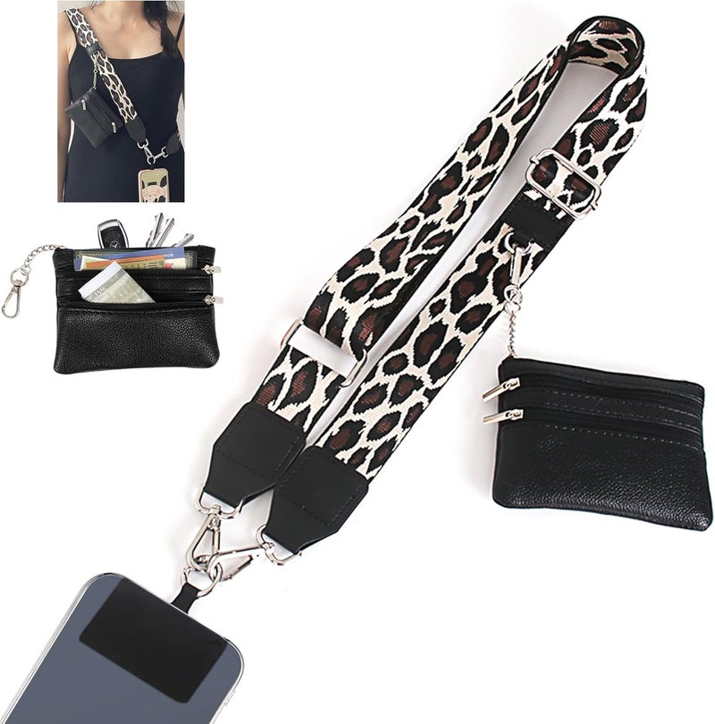 SCINYMC Clip and Go Strap for Phone with Wallet Crossbody, Adjustable Phone-Lanyards with Wallet, Phone Lanyard with Zippered Pouch, Crossbody iPhone Straps for All Phones, Black Leopard - Image 1